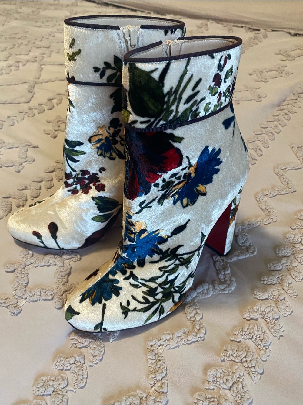 Christian Louboutin Ivory Velvet Floral Ankle Boots with Blue and Red Accents